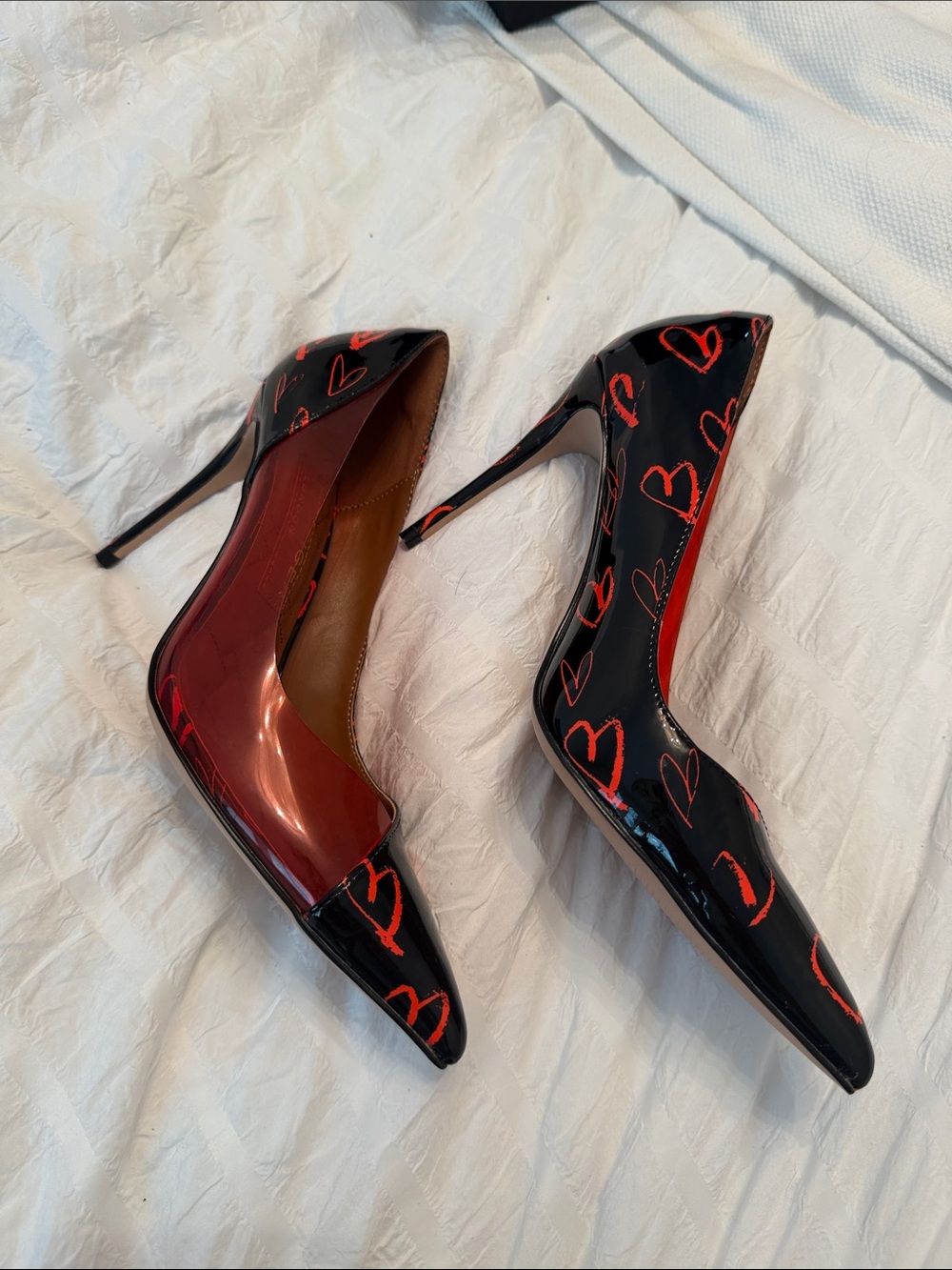Kurt Geiger Black Patent Pointed-Toe Stilettos with Red Heart Print
